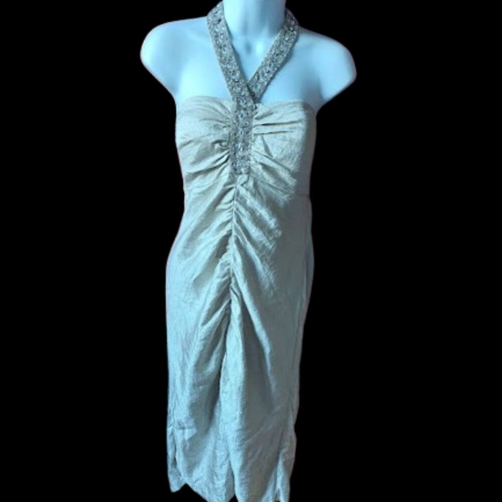 LE CHATEAU Shimmery Backless Golden Halter Dress Party -Cocktail - Xmas Sz Large